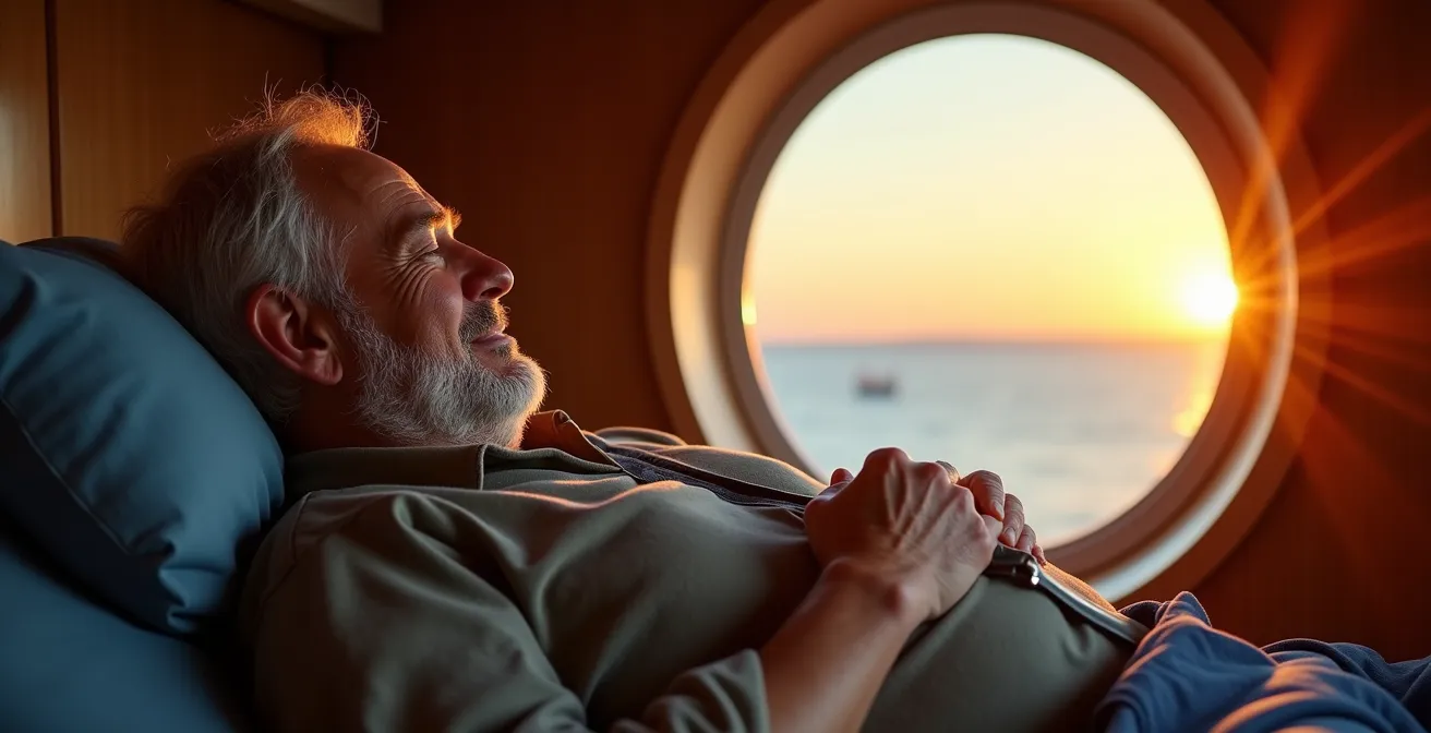 Autista che riposa in cabina durante traversata marittima del traghetto
