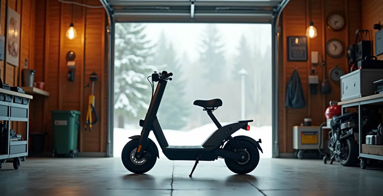 Vista ambientale di un monopattino elettrico in un garage riscaldato durante l'inverno