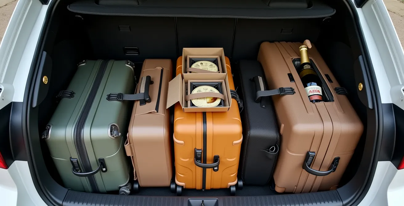 Vista dall'alto del baule di un'auto con bagagli sistemati in modo sicuro con reti e divisori