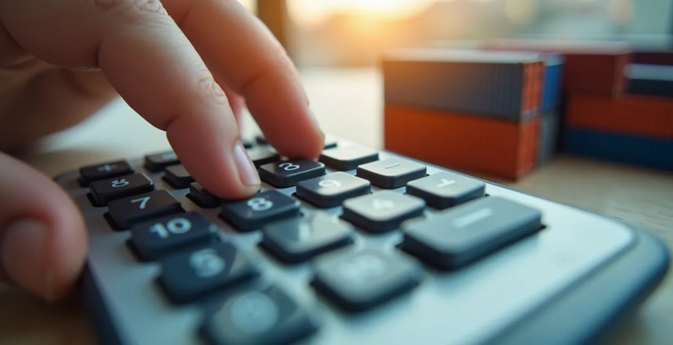 Rappresentazione visiva del calcolo dei costi di sosta container con calcolatrice e documenti portuali