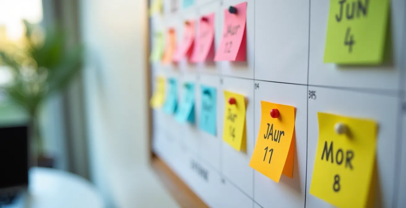 Calendario murale con evidenziatori colorati e post-it per segnare le date ottimali di prenotazione