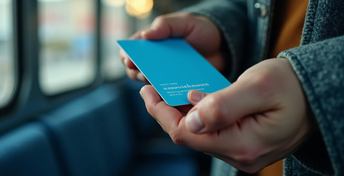 Dettaglio ravvicinato della Carta Blu Trenitalia nelle mani di un viaggiatore