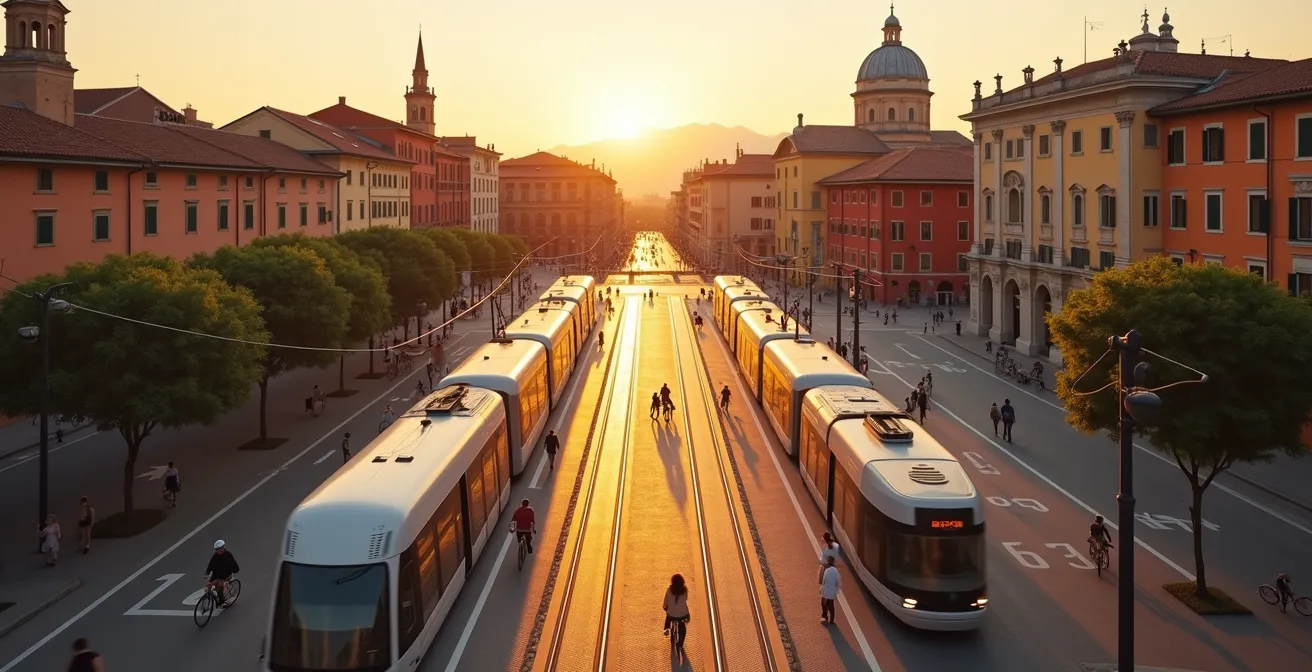 Vista panoramica di una città italiana con mezzi pubblici sostenibili