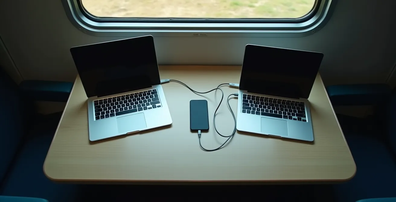 Laptop collegato via USB a smartphone in ambiente ferroviario business