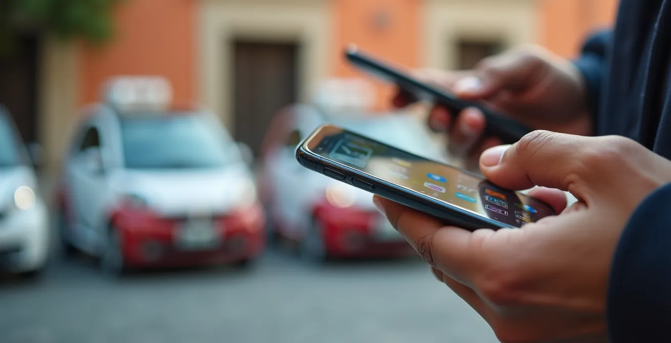Smartphone mostranti diverse app di car sharing con auto parcheggiate in una piazza italiana