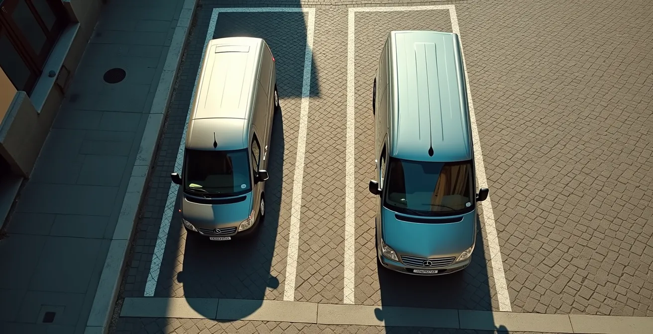 Vista aerea di due furgoni di dimensioni diverse che tentano di parcheggiare in spazi ristretti del centro storico