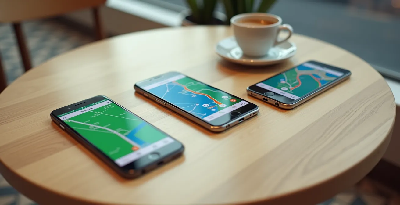 Confronto visivo tra diverse app di trasporto pubblico su smartphone multipli