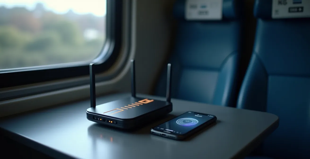 Router 5G portatile e smartphone su tavolino del treno con indicatori di segnale