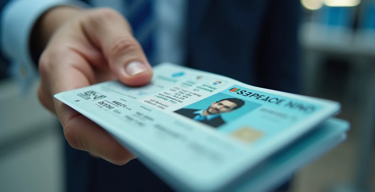 Mano che porge carta d'identità italiana al banco check-in aeroportuale con biglietto aereo