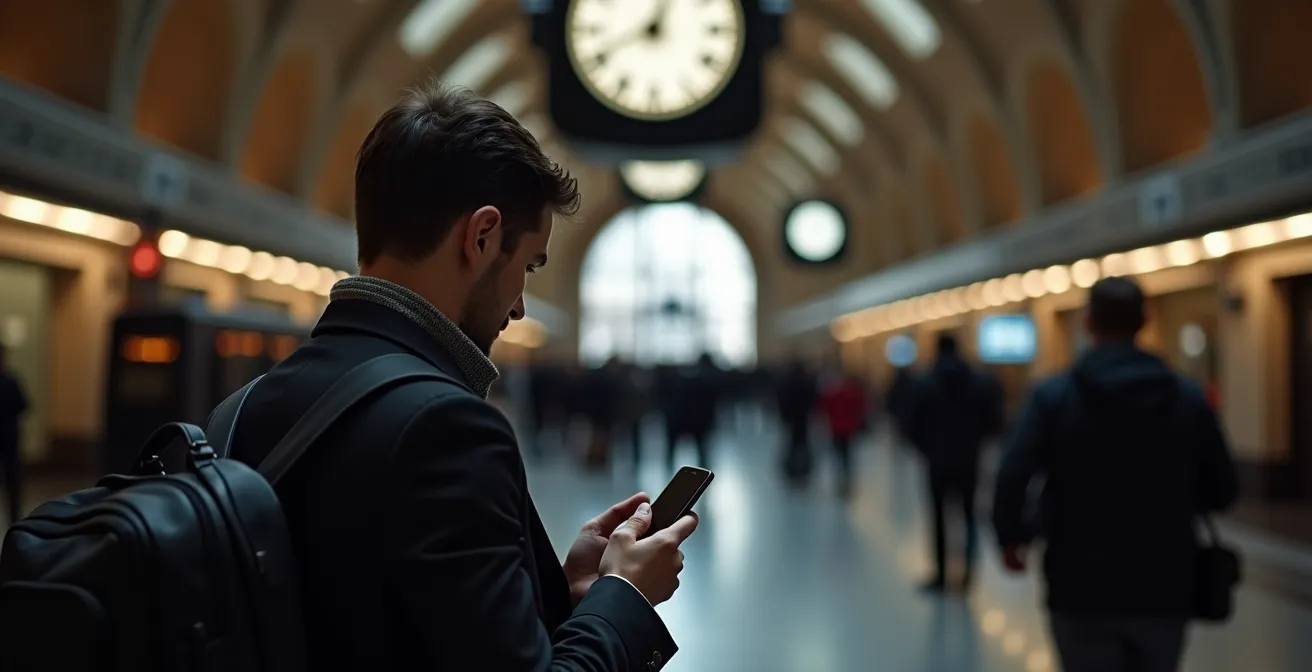 Viaggiatore con smartphone che consulta opzioni di trasporto in stazione ferroviaria