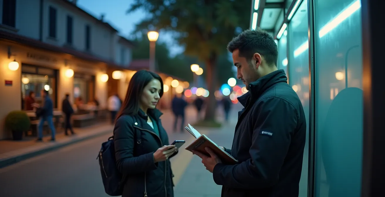 Fermata del bus moderna ben illuminata di sera con persone in attesa