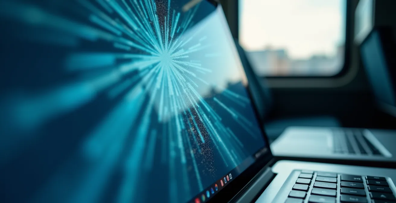 Vista ravvicinata di schermo laptop con filtro privacy che oscura la visione laterale