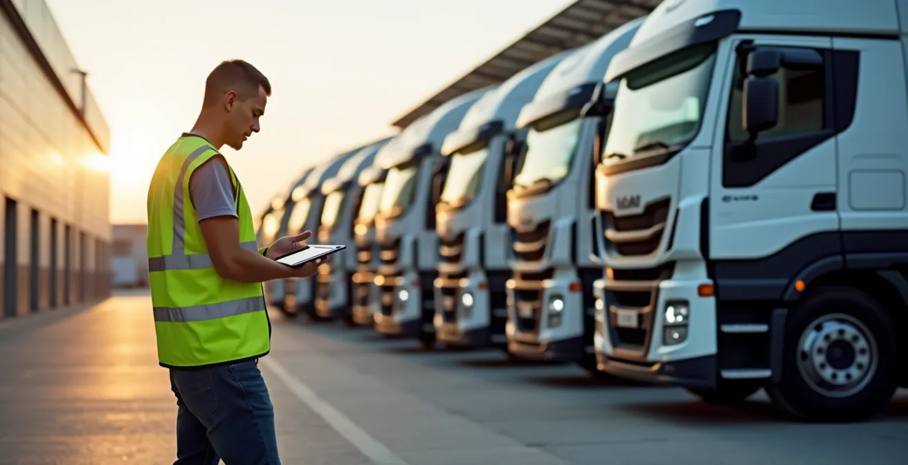 Flotta di camion LNG parcheggiati in deposito logistico moderno con pannelli solari