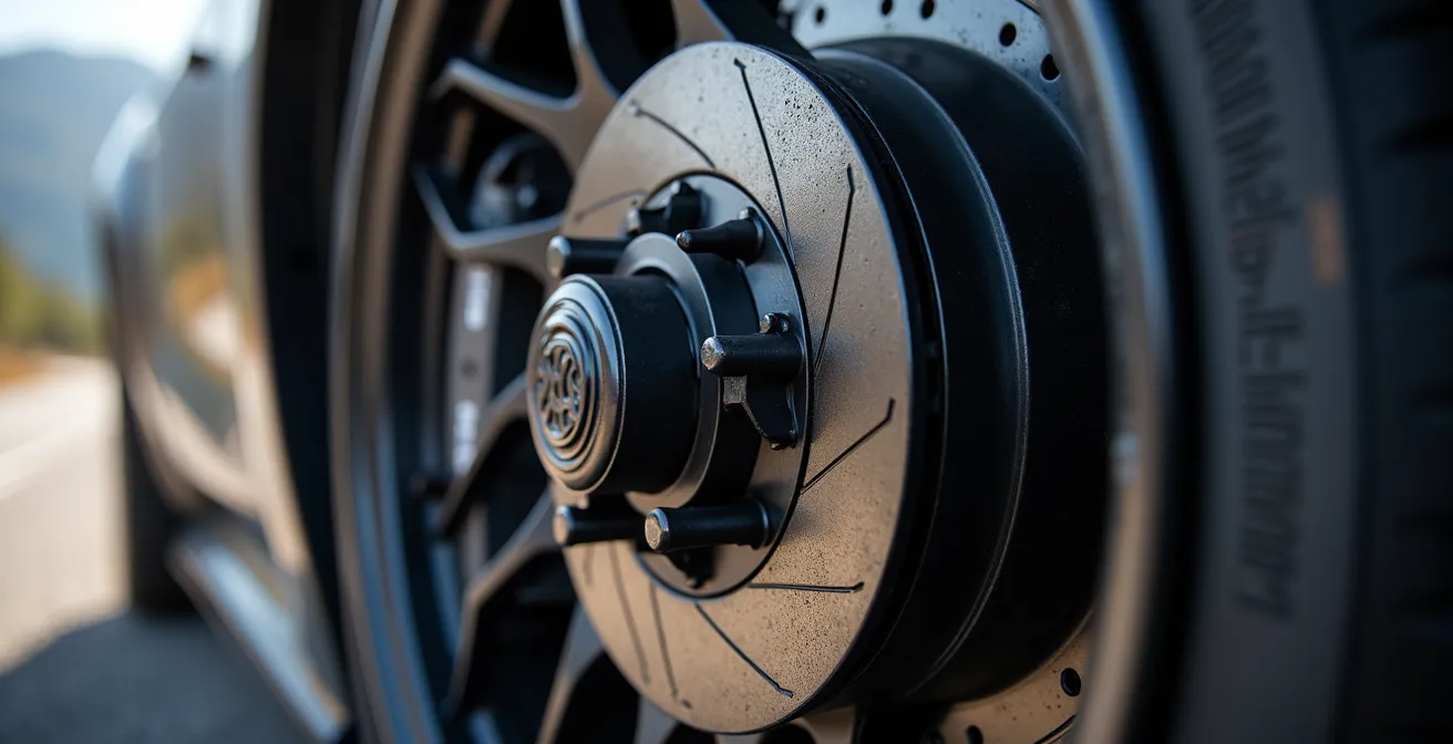 Vista macro del sistema frenante di un'auto in discesa montana