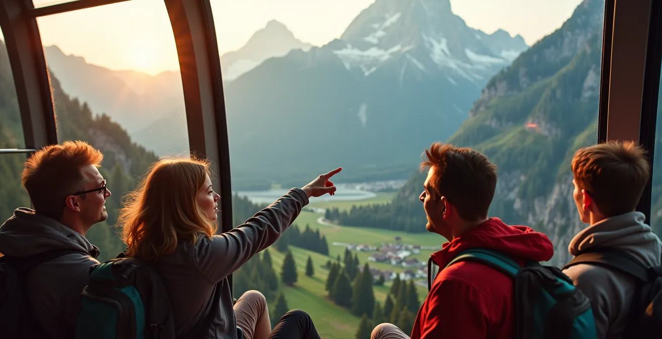 Cabina di funivia moderna che attraversa le valli delle Dolomiti con passeggeri all'interno