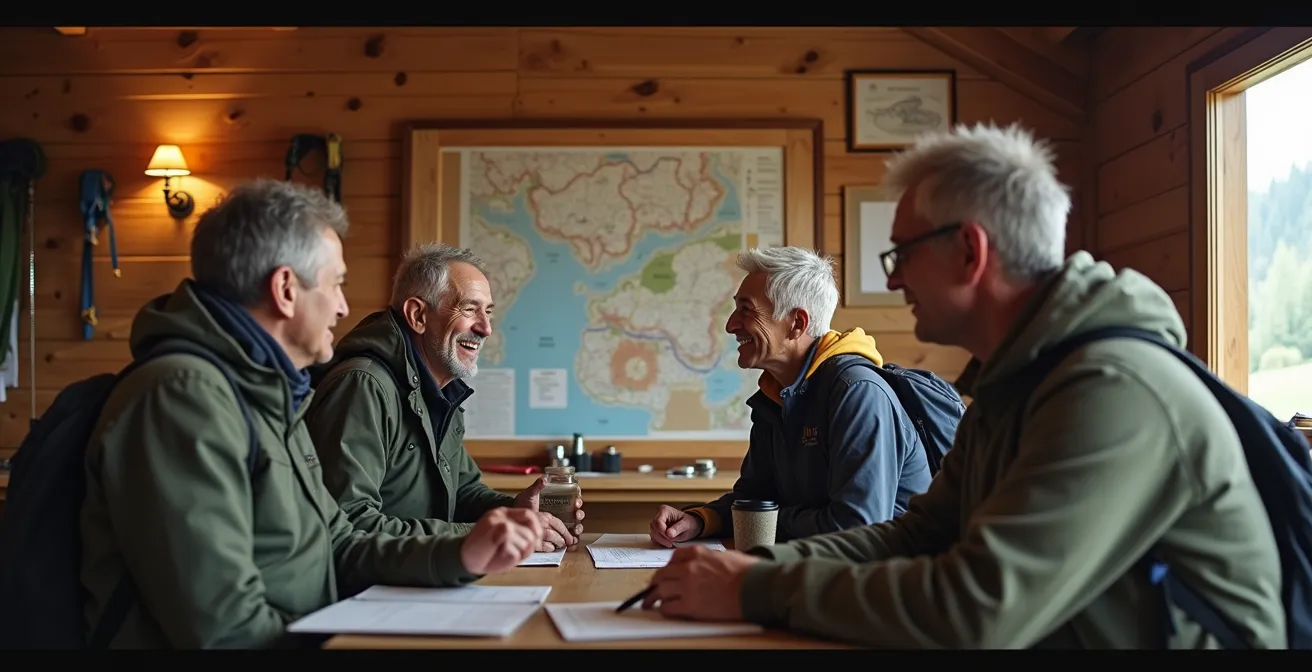 Escursionisti che consultano una bacheca di annunci in un rifugio CAI per organizzare passaggi condivisi