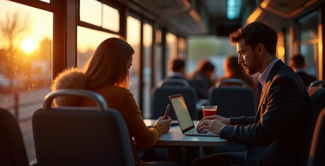 Interno di un autobus moderno con sedili dotati di prese USB e passeggeri che lavorano sui laptop