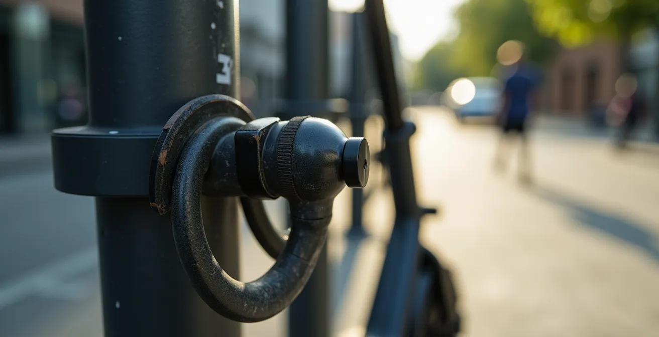 Dettaglio macro di un lucchetto a U in acciaio che assicura un monopattino a un palo urbano