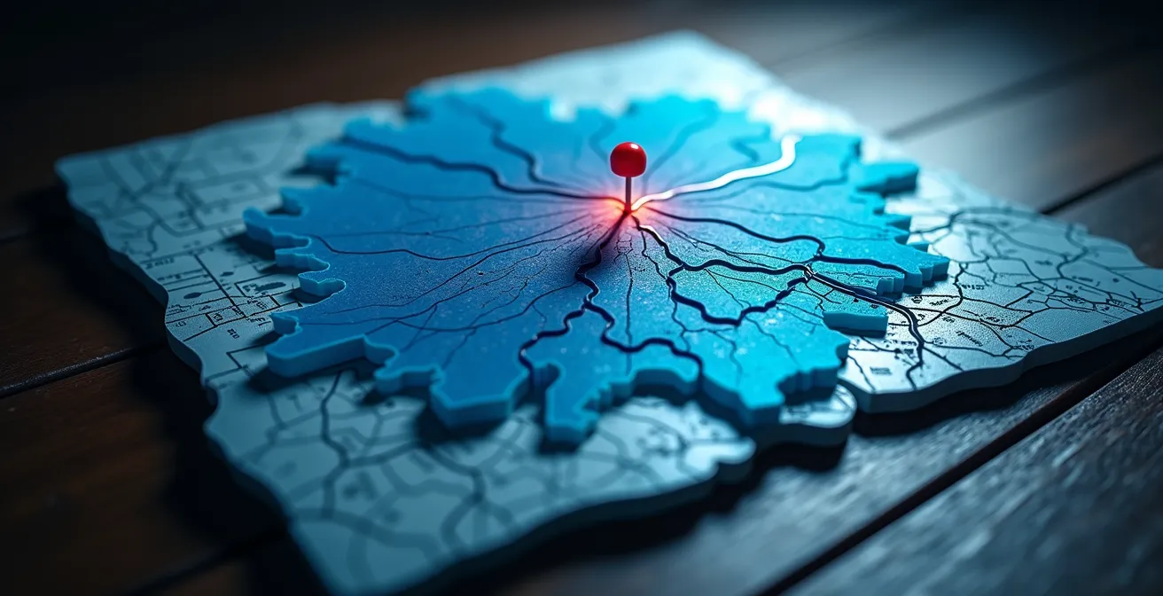 Mappa con cerchi isocronici colorati che mostrano le aree raggiungibili in 30, 60 e 90 minuti da un hub logistico centrale