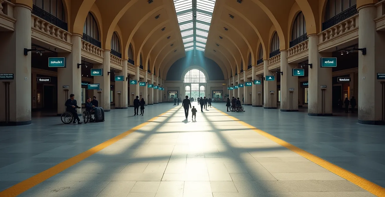 Vista aerea della stazione Roma Termini con percorsi senza barriere evidenziati