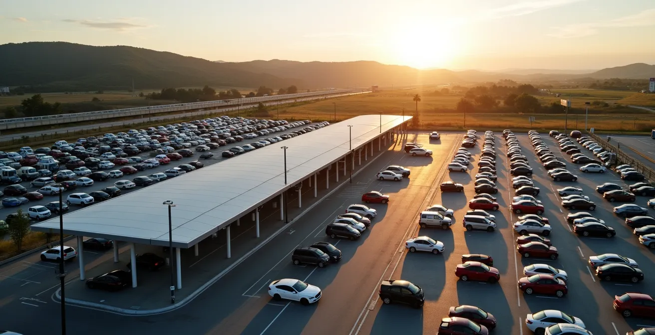 Vista aerea di un parcheggio scambiatore moderno vicino a una stazione ferroviaria italiana
