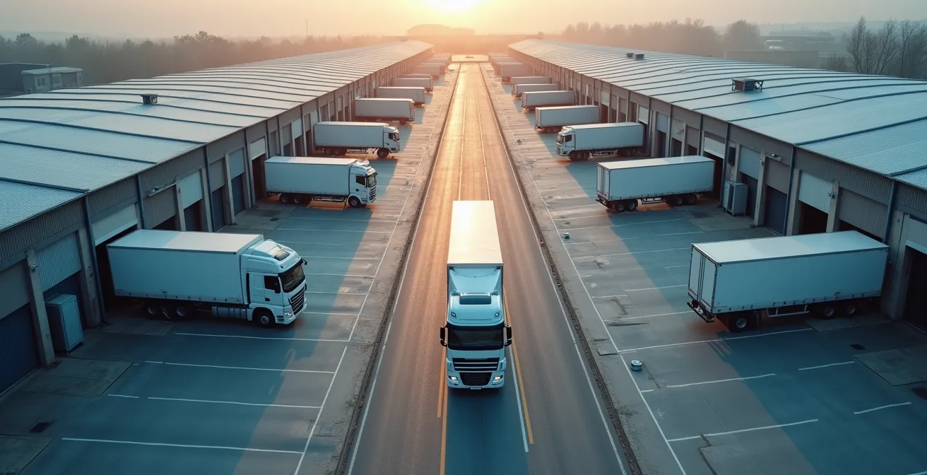 Sistema di raccolta milk run con camion che preleva merci da più aziende del distretto industriale