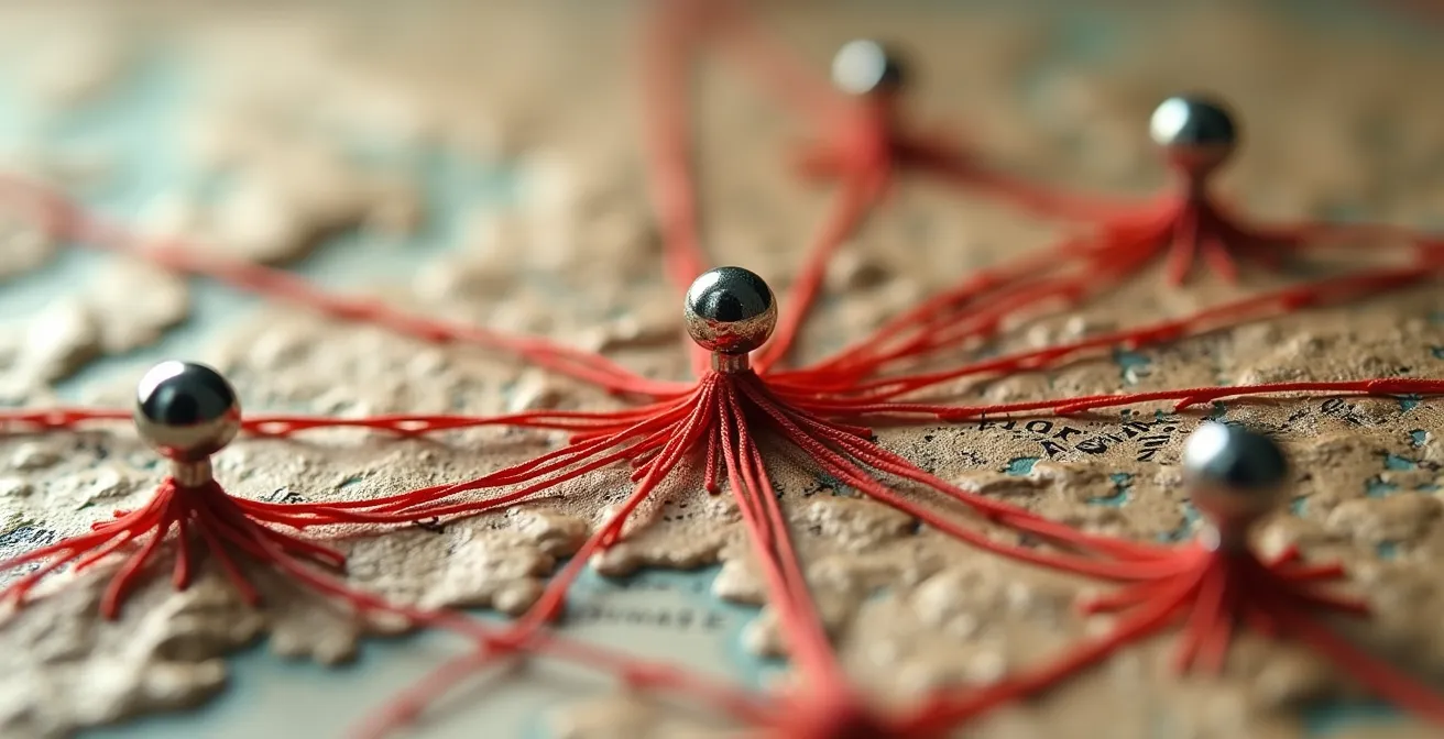 Vista macro di una mappa fisica dell'Italia centrale con spilli metallici collegati da fili rossi che convergono su Bologna