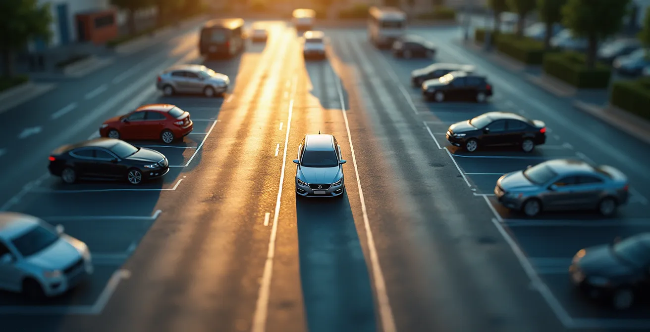 Vista aerea di un grande parcheggio di interscambio con stazione metro adiacente
