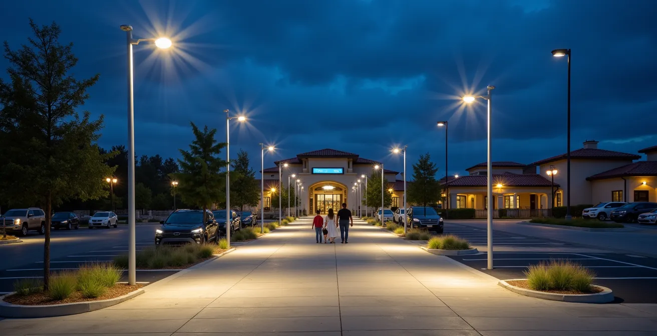 Vista notturna di un parcheggio di interscambio ben illuminato con telecamere di sicurezza visibili