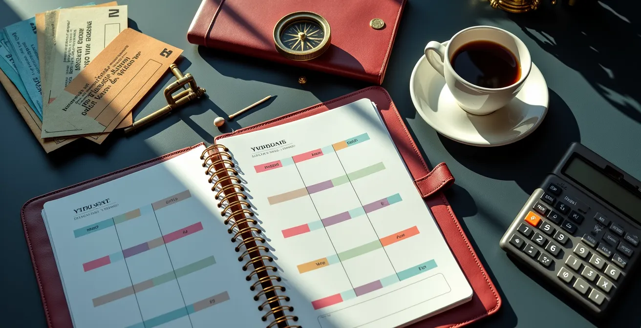 Vista dall'alto di scrivania con calendario, calcolatrice e biglietti treno per pianificazione viaggi business