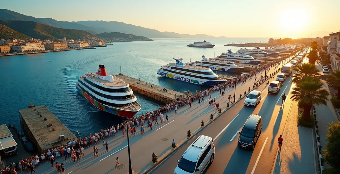 Vista aerea di porto mediterraneo affollato durante alta stagione estiva