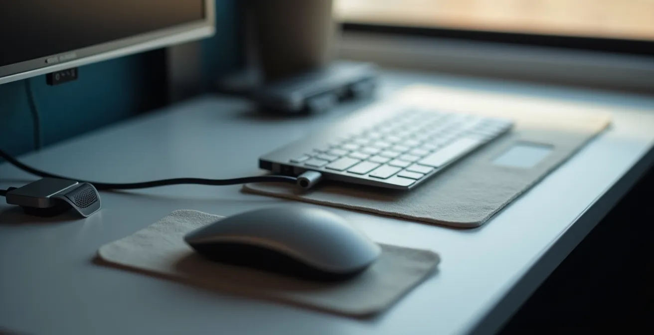 Setup ergonomico sul tavolino del treno con supporto laptop, mouse verticale e organizer compatto