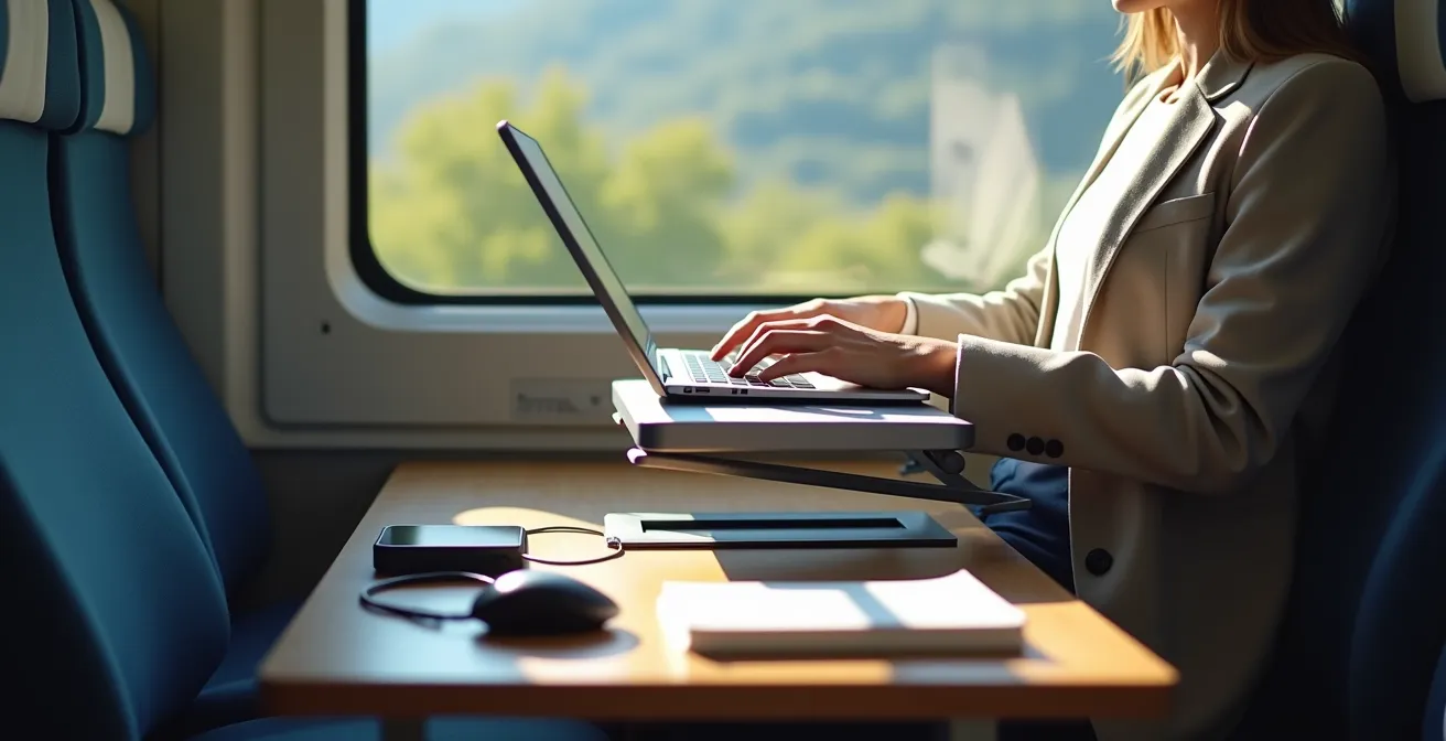 Setup professionale completo su tavolino del treno con laptop, accessori e vista finestrino
