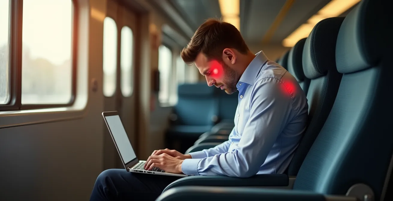 Vista laterale di persona con postura scorretta usando laptop sulle ginocchia mostrando curvatura cervicale