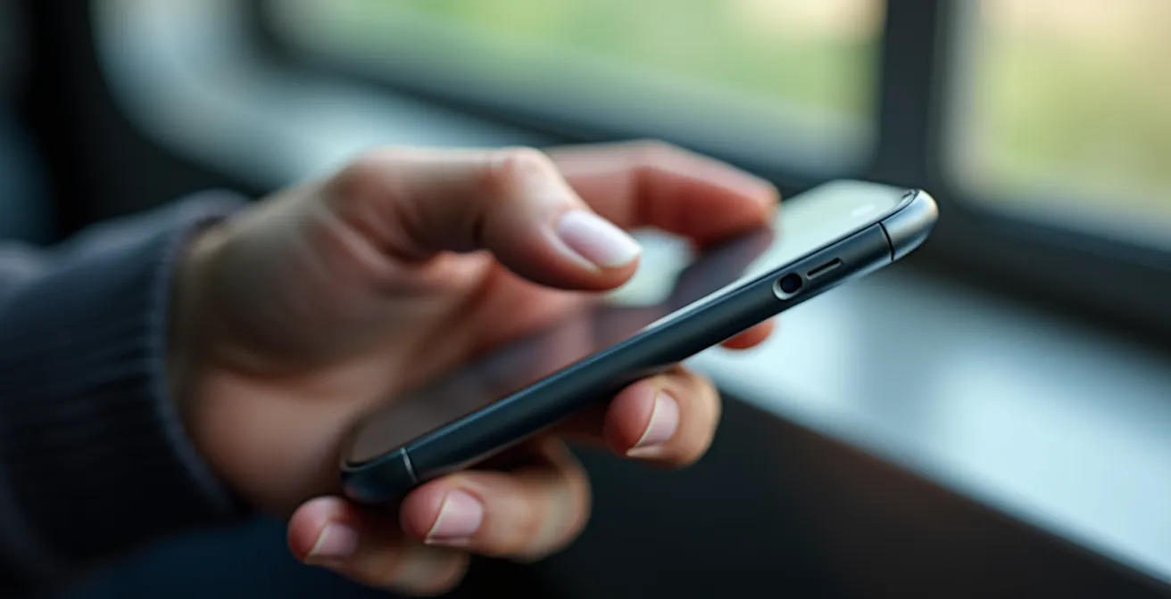 Mano che attiva modalità aereo su smartphone in stazione ferroviaria