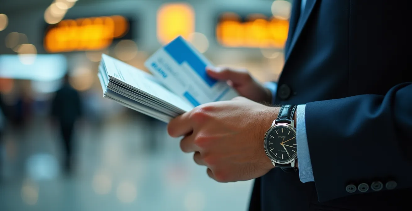 Mani che tengono documenti di viaggio con sfondo sfocato di terminal aeroportuale