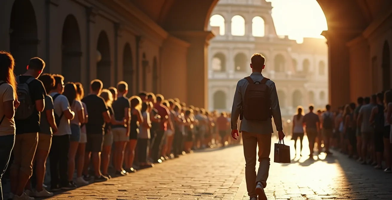 Turista con Roma Pass entra prioritario al Colosseo evitando le lunghe code, simbolo di un viaggio intelligente