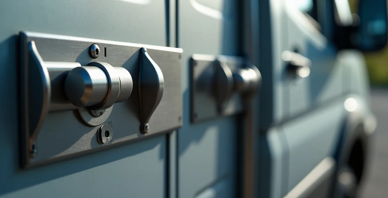 Dettaglio ravvicinato di un sistema di serrature multiple su portellone posteriore di furgone