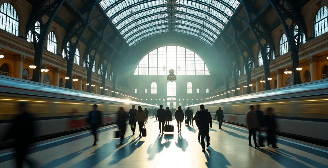 Vista ampia della stazione Milano Centrale con pendolari in movimento durante l'ora di punta mattutina