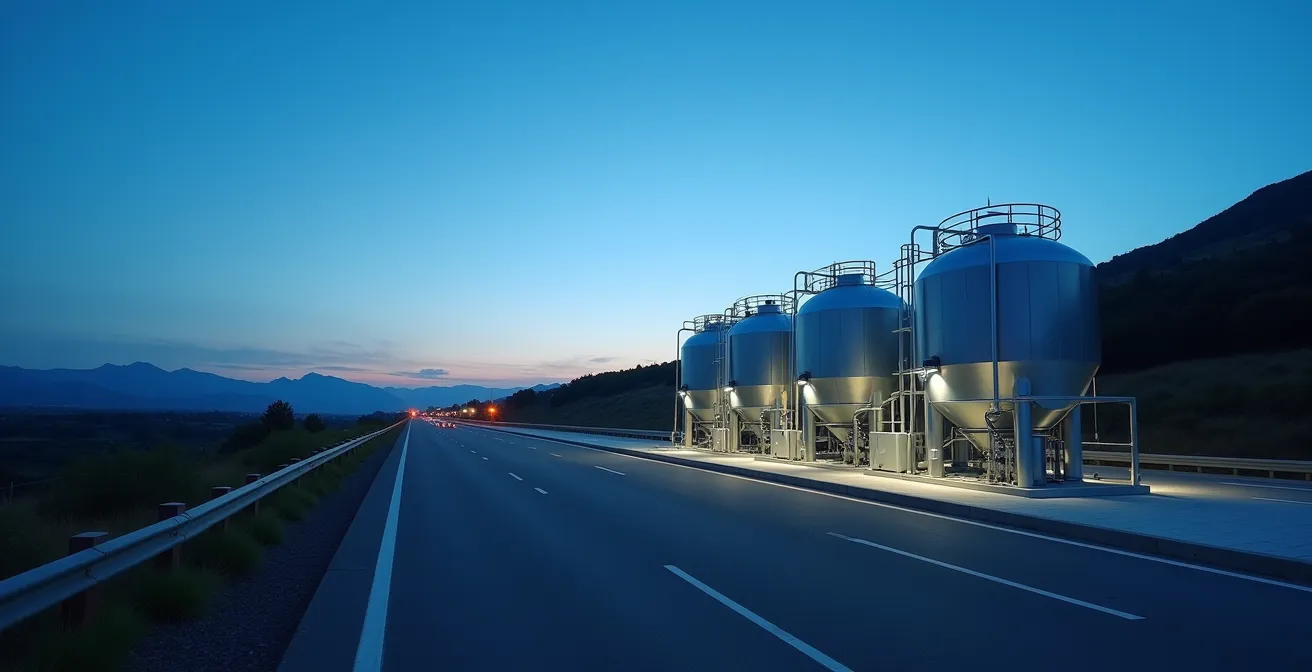 Stazione di rifornimento LNG moderna lungo autostrada italiana con serbatoi criogenici