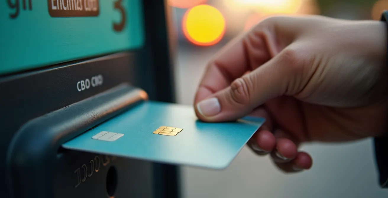 Mano che inserisce una tessera ATM nel lettore del parcometro con sfondo sfocato della metropolitana