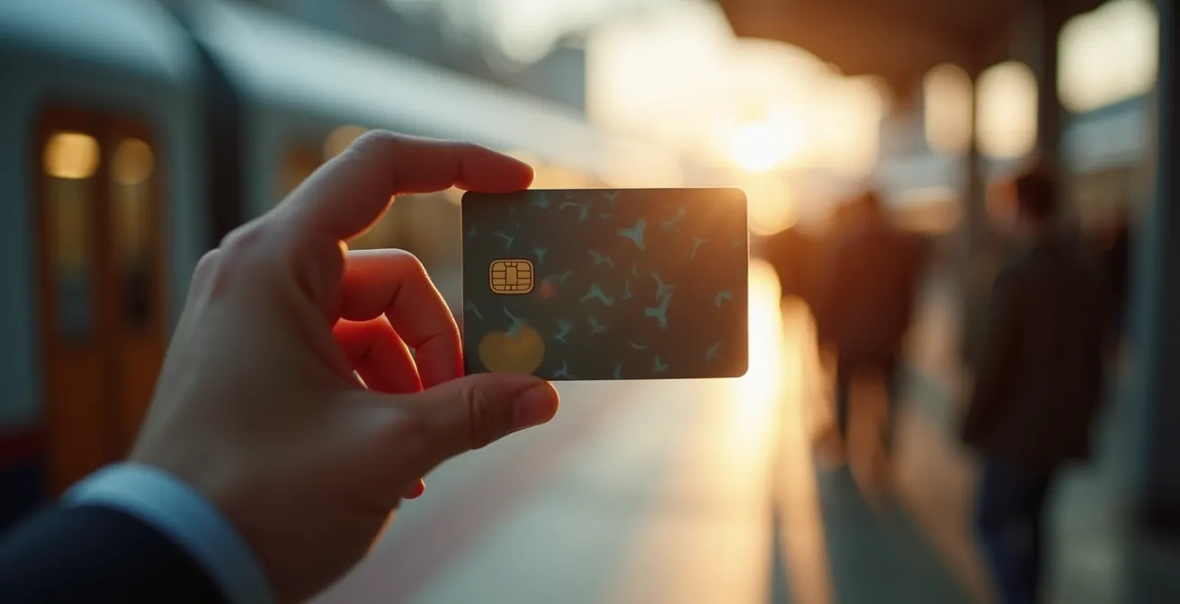 Primo piano di una mano che tiene la tessera Io Viaggio davanti a una stazione ferroviaria sfocata