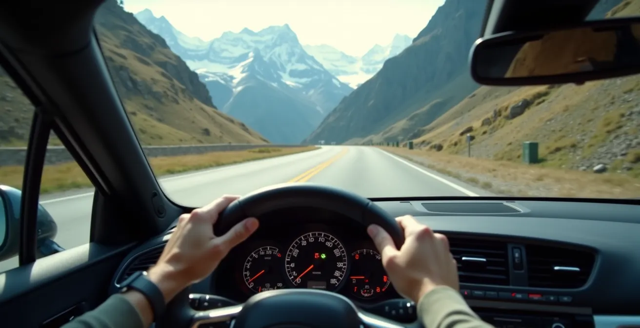 Vista aerea dei tornanti dello Stelvio con auto in salita