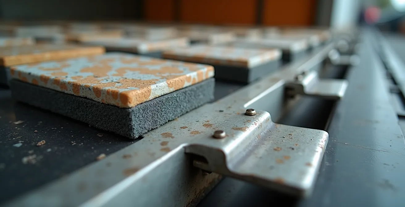 Interno di camion specializzato con sistema di ancoraggio e protezione per lastre di ceramica