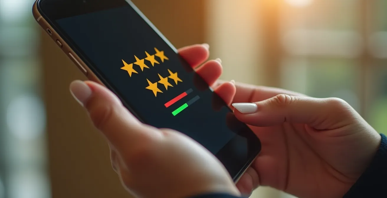 Mano che tiene smartphone mostrando valutazioni a stelle senza testo visibile