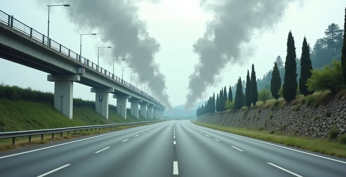 Confronto visivo tra autostrada e strada statale italiana con indicatori di emissioni