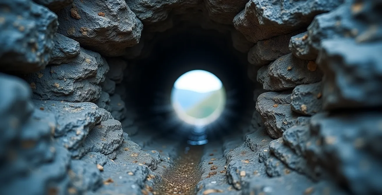 Vista aerea della valle alpina con ingresso tunnel e strada di montagna