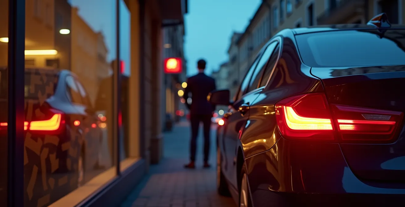 Auto parcheggiata di sera vicino a una vetrina illuminata che riflette le luci posteriori