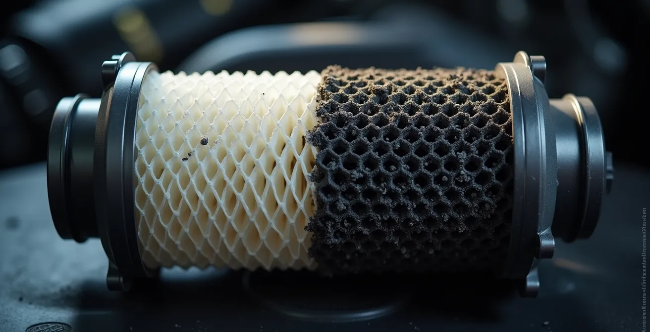 Dettaglio macro del filtro antiparticolato di un'auto con confronto pulito e intasato
