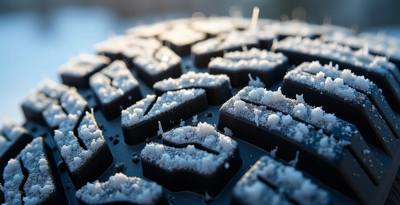 Dettaglio macro della mescola di un pneumatico invernale a bassa temperatura